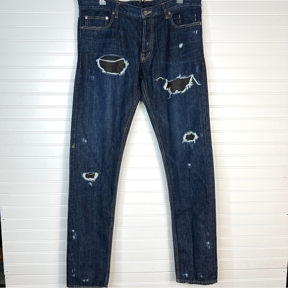 MENS PUBLIC SCHOOL PS13 NYC MADE LEATHER PATCHED DARK SLIM FIT JEANS 36x34 - Picture 1 of 14